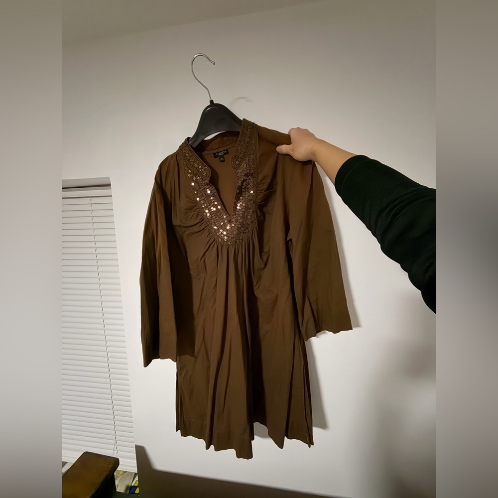 Talbots Brown Mini Dress with Embellished Neckline
